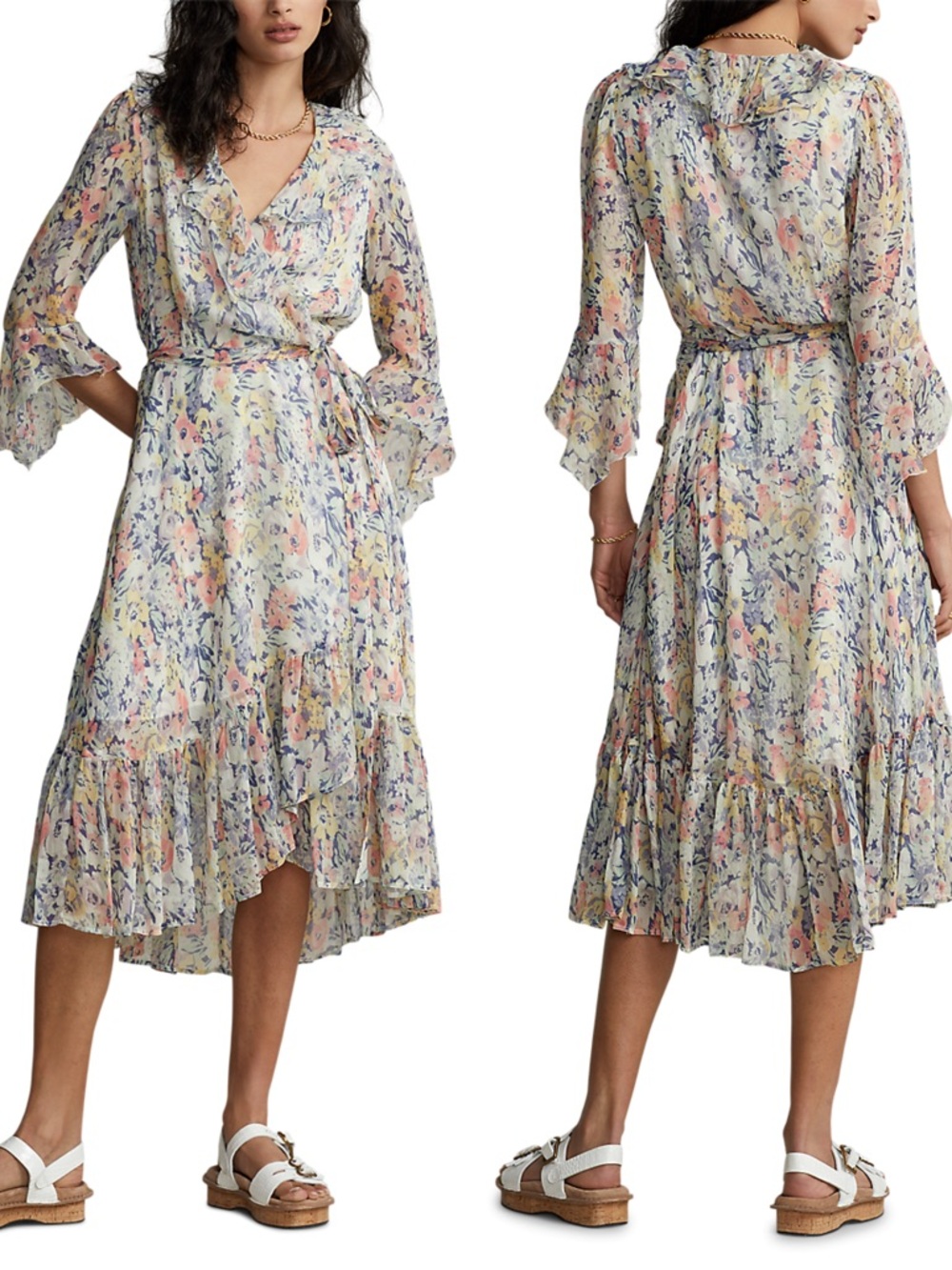 Polo Ralph Lauren Floral Crinkled Chiffon Wrap Dress Size 4 Midi Cottagecore